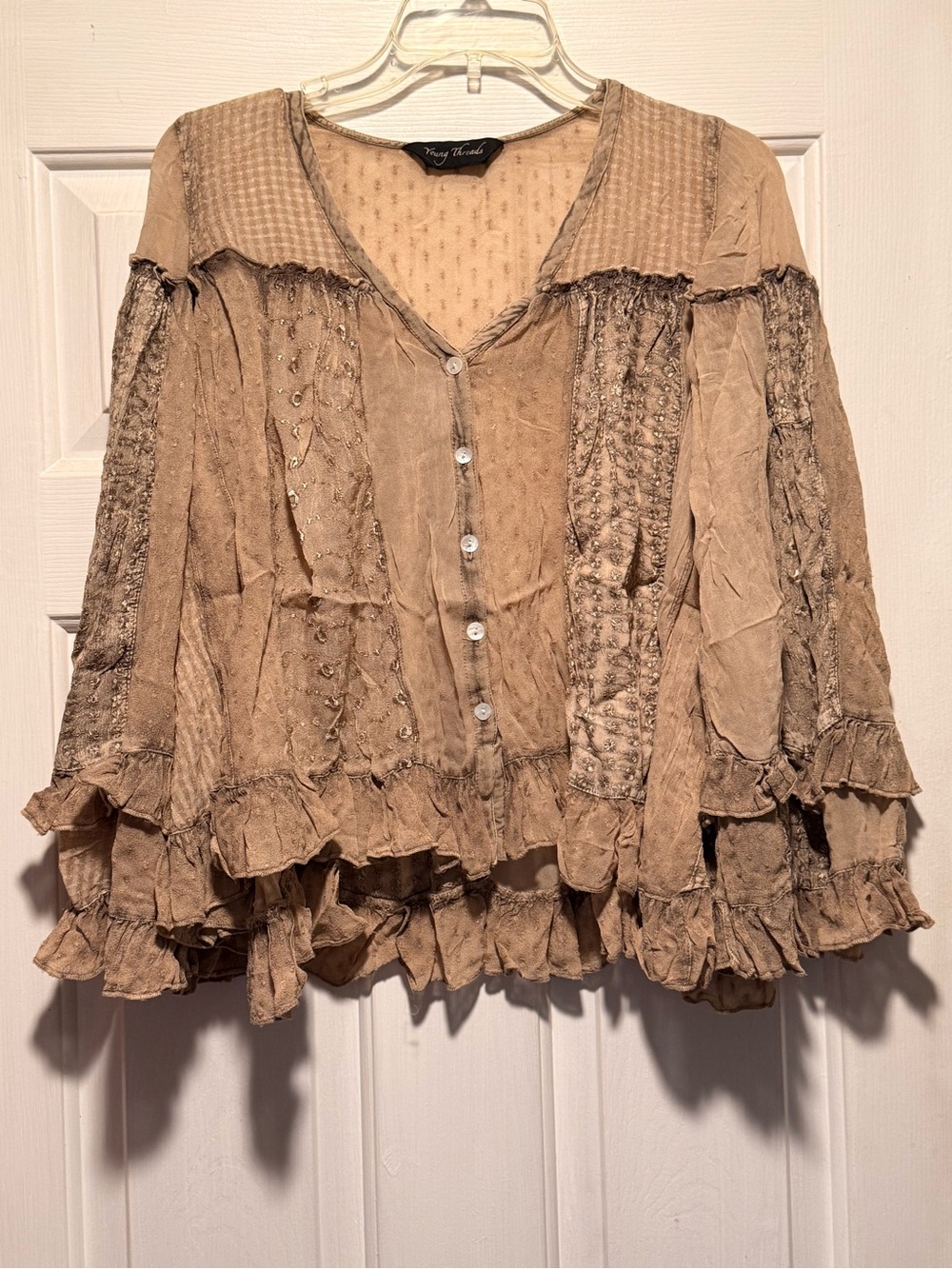 Vintage-Inspired Ruffled Button Front Blouse in Tan by Young Threads - Picture 1 of 9